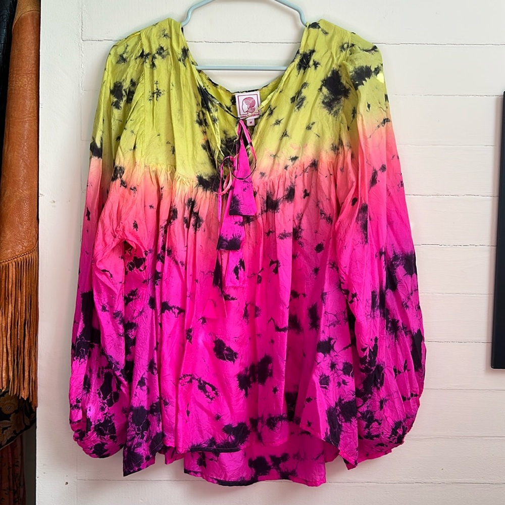 Anna Kosturova yellow, pink, peach silk tie dye top with tassels. Sz M